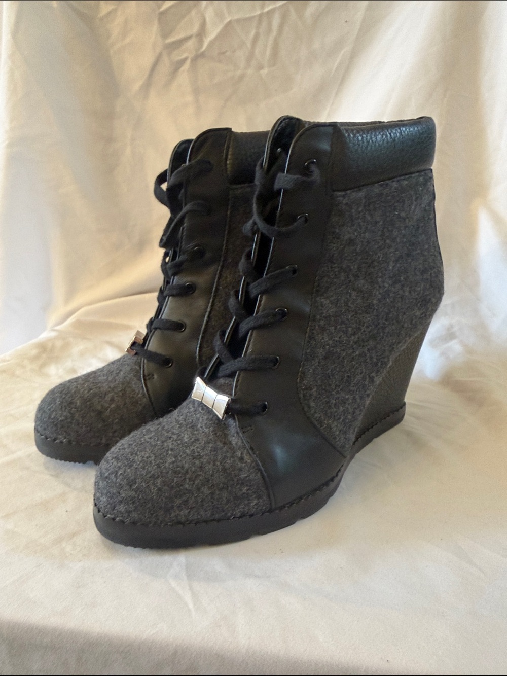 kate spade Gray and Black Lace-Up Wedge Booties
